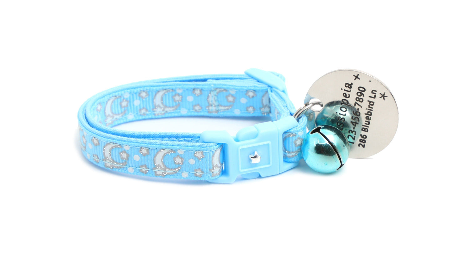 Silver Moons and Stars on Powder Blue Cat Collar