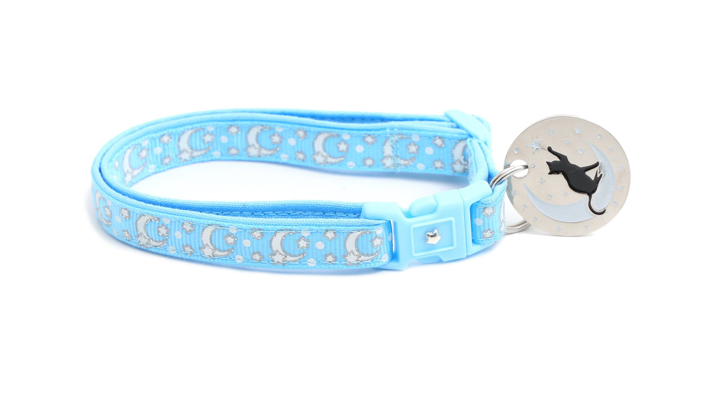 Silver Moons and Stars on Powder Blue Cat Collar