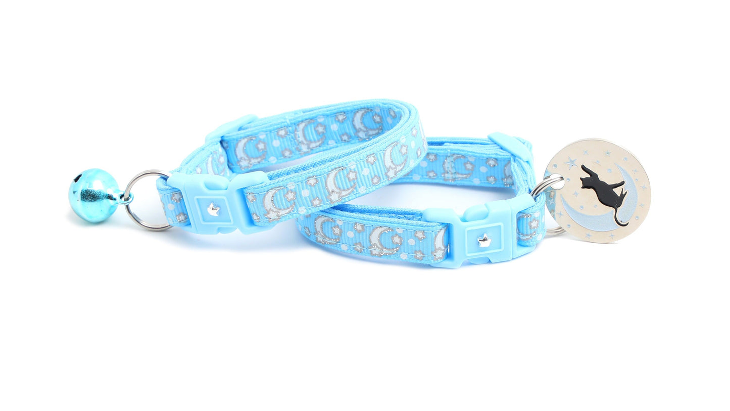 Silver Moons and Stars on Powder Blue Cat Collar