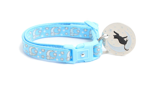 Silver Moons and Stars on Powder Blue Cat Collar